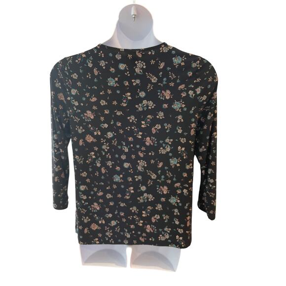 NINE WEST, SIZE L, BLACK, 3/4 SLEEVE, FLORAL TOP - Picture 2 of 6